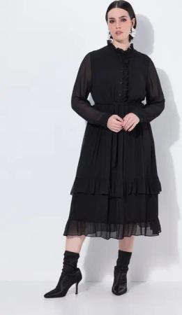 Ulla Popken Maxikleid Midikleid Rüschen A-Linie Stehkragen Langarm