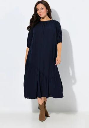 Ulla Popken Maxikleid Midikleid Struktur Volantsaum Rundhals Halbarm