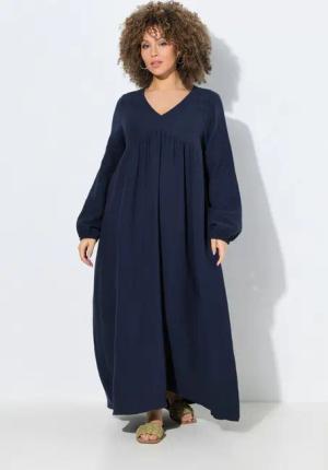 Ulla Popken Maxikleid Musselinkleid A-Linie V-Ausschnitt Langarm