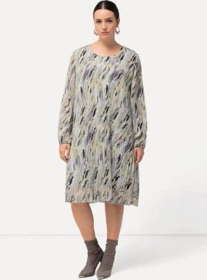 Ulla Popken Maxikleid Plissee-Kleid Marmordruck Godetfalten Rundhals