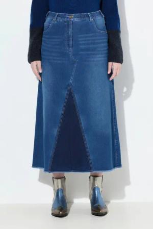 Ulla Popken Maxirock Jeansrock Fransensaum A-Linie Stretchdenim