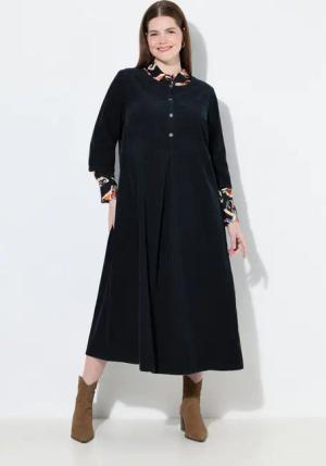 Ulla Popken Midikleid Cord-Maxikleid Rundhals Zierfalte 3/4-Arm Taschen