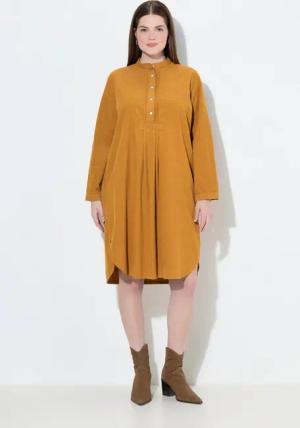 Ulla Popken Midikleid Cordkleid Stehkragen Biesen Zierfalten Langarm