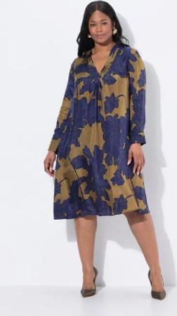 Ulla Popken Midikleid Cuprokleid Blüten A-Linie V-Ausschnitt Langarm