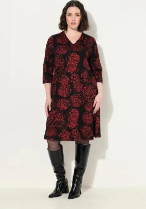 Ulla Popken Midikleid Jacquard-Jerseykleid V-Ausschnitt 3/4-Arm Taschen