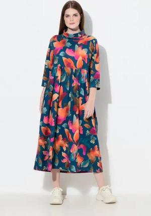 Ulla Popken Midikleid Jersey-Maxikleid Stehkragen 3/4-Arm Biobaumwolle