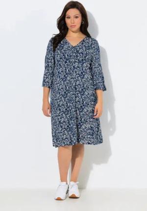 Ulla Popken Midikleid Jerseykleid Raffung A-Linie V-Ausschnitt 3/4-Arm