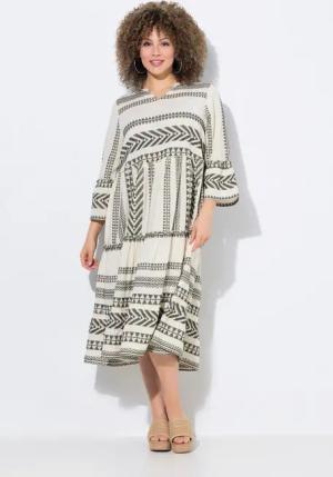 Ulla Popken Midikleid Kaftan-Kleid Volants A-Linie 3/4-Arm