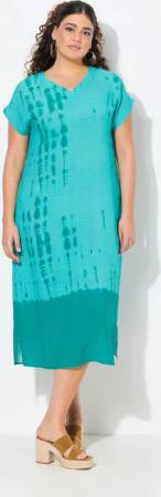 Ulla Popken Midikleid Kaftan Leinenmix Batikdruck V-Ausschnitt Halbarm