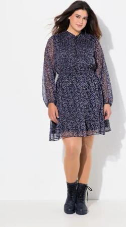 Ulla Popken Midikleid Kleid Blüten A-Linie Tunika-Ausschnitt Langarm