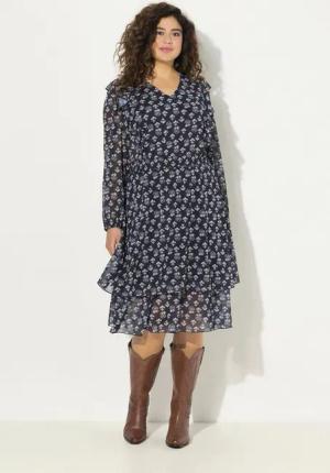 Ulla Popken Midikleid Kleid doppellagig V-Ausschnitt Rüsche Langarm