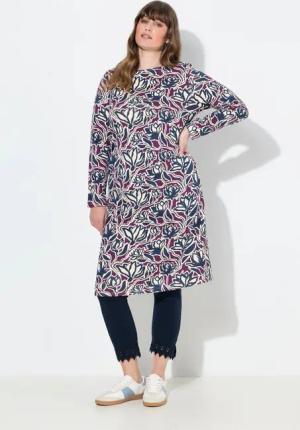 Ulla Popken Midikleid Kleid U-Boot-Ausschnitt Langarm Biobaumwolle