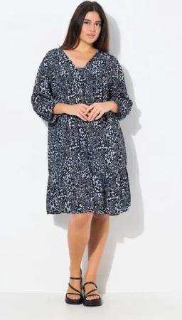 Ulla Popken Midikleid Kleid Volantsaum A-Linie V-Ausschnitt 3/4-Arm