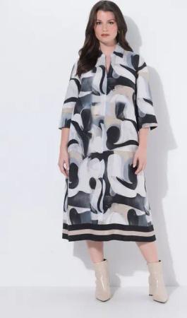 Ulla Popken Midikleid Lyocell-Maxikleid grafisch A-Linie Hemdkragen