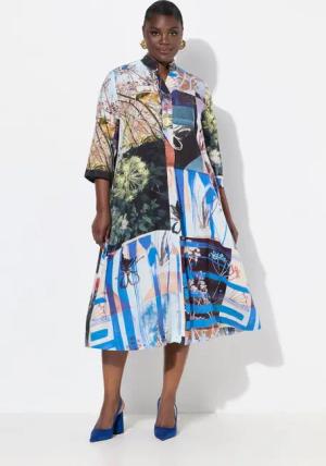 Ulla Popken Midikleid Lyocell-Midikleid A-Linie Stehkragen 3/4-Arm