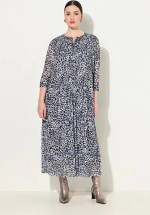 Ulla Popken Midikleid Mesh-Maxikleid Leomuster doppellagig Rundhals