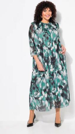 Ulla Popken Midikleid Mesh-Maxikleid Zierfalten Rundhals 3/4-Arm