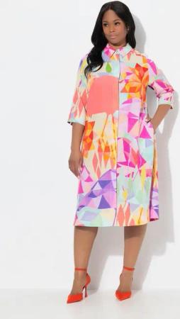 Ulla Popken Midikleid Midi-Lyocellkleid Flamingos Hemdkragen 3/4-Arm