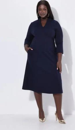 Ulla Popken Midikleid Midi-Puntokleid Kelchkragen V-Ausschnitt 3/4-Arm