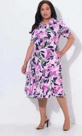 Ulla Popken Midikleid Midikleid Blüten A-Linie Hemdkragen Halbarm