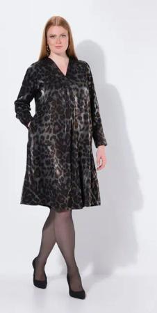 Ulla Popken Midikleid Midikleid Leo-Design A-Linie V-Ausschnitt Langarm