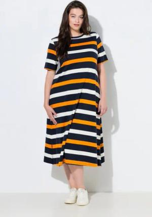 Ulla Popken Midikleid Midikleid Ringel Rundhals Halbarm Biobaumwolle