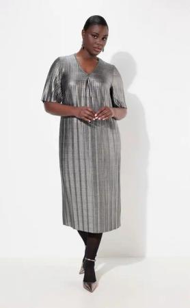 Ulla Popken Midikleid Midikleid Silver-Plissee A-Linie V-Ausschnitt