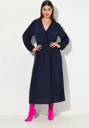 Ulla Popken Midikleid Midikleid Wickeloptik A-Linie V-Ausschnitt Langarm