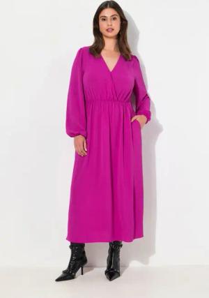 Ulla Popken Midikleid Midikleid Wickeloptik A-Linie V-Ausschnitt Langarm