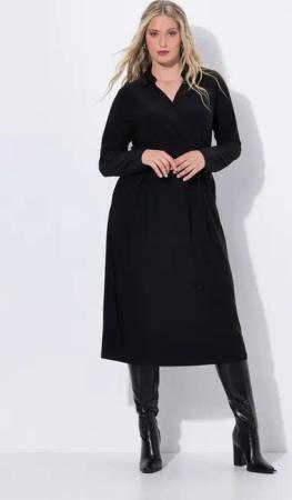 Ulla Popken Midikleid Midikleid Wickeloptik Hemdkragen Langarm