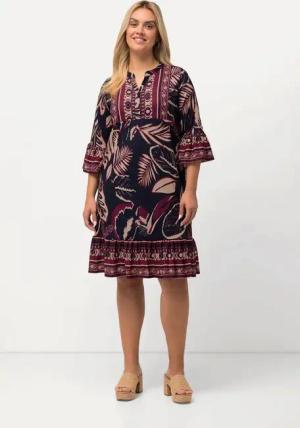 Ulla Popken Midikleid Minikleid Blätter A-Linie V-Ausschnitt 3/4-Arm