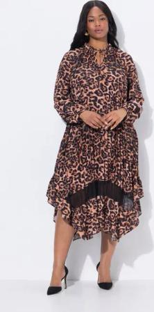 Ulla Popken Midikleid Plissee-Kleid Leo-Design Tunika-Ausschnitt Langarm