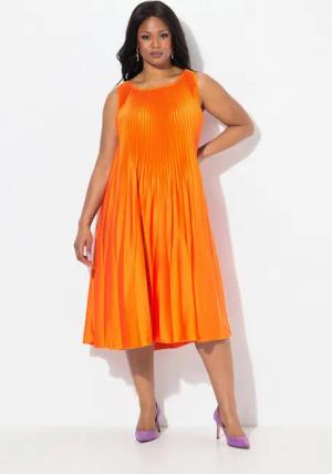 Ulla Popken Midikleid Plissee-Midikleid A-Linie Rundhals ärmellos