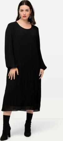 Ulla Popken Midikleid Plissee-Midikleid A-Linie Rundhals Langarm