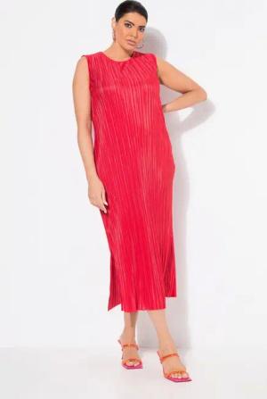 Ulla Popken Midikleid Plissee-Midikleid Rundhals ärmellos