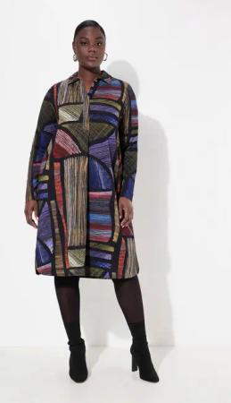 Ulla Popken Midikleid Punto-Kleid Hemdkragen V-Ausschnitt Langarm