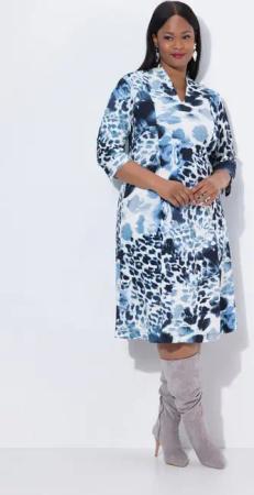 Ulla Popken Midikleid Punto-Kleid Leomuster Kelchkragen 3/4-Arm