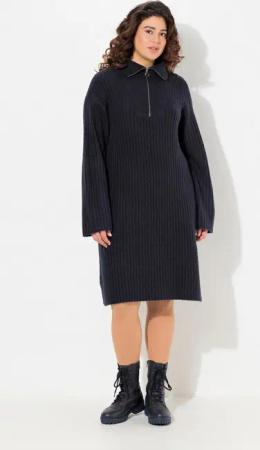 Ulla Popken Midikleid Strickkleid A-Linie Rippstrick Troyerkragen