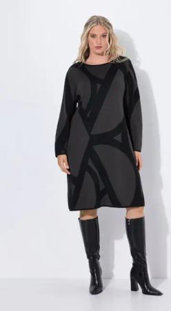 Ulla Popken Midikleid Strickkleid grafisches Muster U-Boot-Ausschnitt