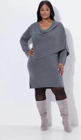 Ulla Popken Midikleid Strickkleid Schal V-Ausschnitt Langarm