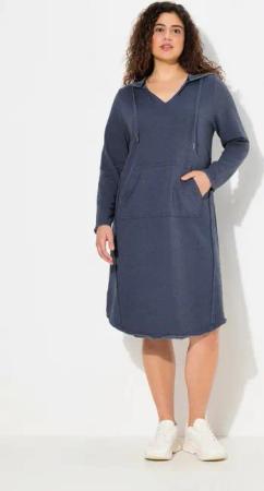Ulla Popken Midikleid Sweatkleid offenkantig Kapuze V-Ausschnitt Langarm