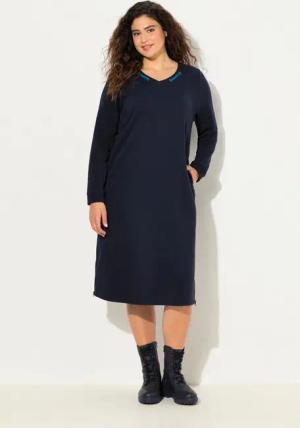 Ulla Popken Midikleid Sweatkleid Rundhals Zierband Langarm Taschen