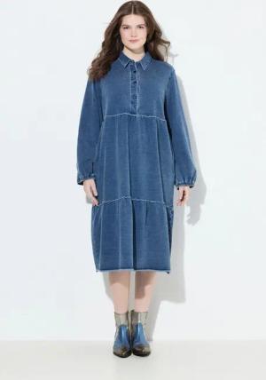 Ulla Popken Midikleid Sweatkleid Volants A-Linie Hemdkragen Langarm