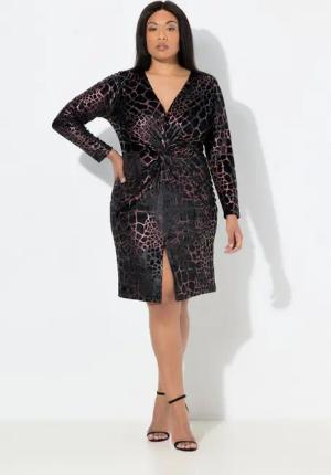 Ulla Popken Minikleid Jerseykleid Animal-Flockdruck V-Ausschnitt Langarm