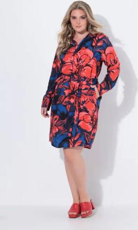 Ulla Popken Minikleid Kleid Blüten Hemdkragen V-Ausschnitt Langarm