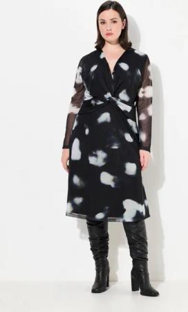 Ulla Popken Minikleid Meshkleid doppellagig Punkte V-Ausschnitt Langarm