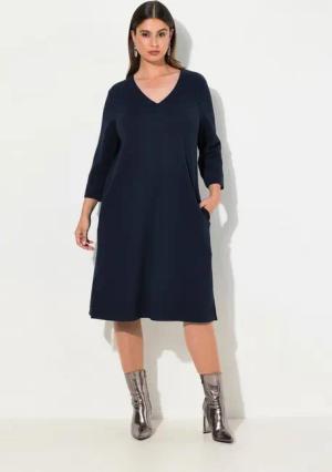 Ulla Popken Minikleid Sweatkleid A-Linie V-Ausschnitt 3/4-Arm Taschen