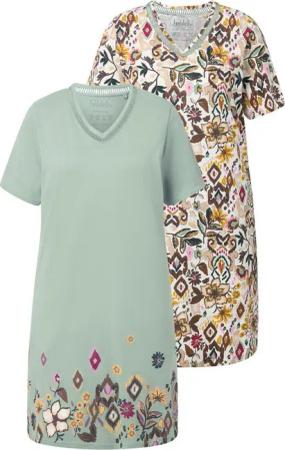 Ulla Popken Nachthemd Bigshirts 2er-Pack Blüten V-Ausschnitt Halbarm