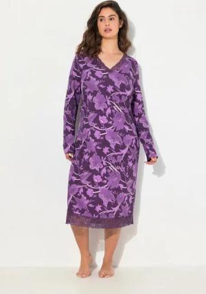 Ulla Popken Nachthemd Nachthemd Blüten V-Ausschnitt Langarm Modalmix