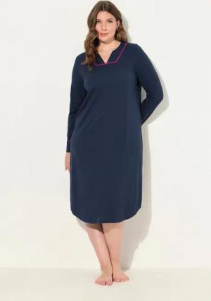 Ulla Popken Nachthemd Nachthemd Piping V-Ausschnitt Langarm Modalmix
